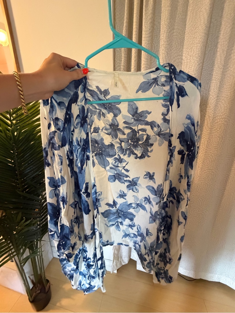 Sage Blue and White Floral Kimono Cardigan